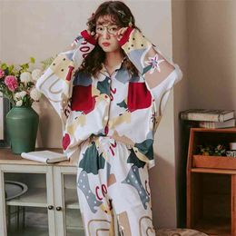 BZEL Autumn Winter Sleepwear 2 Piece Sets For Women's Cotton Pajamas Turn-down Collar Homewear Large Size Pijama Pyjama XXXL 210809