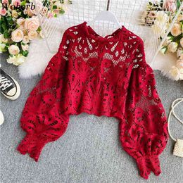 Chic Hollow Out Blouse Women Vintage Lace Crop Tops Puff Sleeve See Through Shirt Fashion Blusas Mujer De Mada 210519