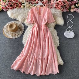Sweet Pink/White/Blue/Yellow Hollow Out Midi Dress Women Casual V-Neck Lace V-Neck Short Sleeve Vestidos Female 2021 Summer New Y0603