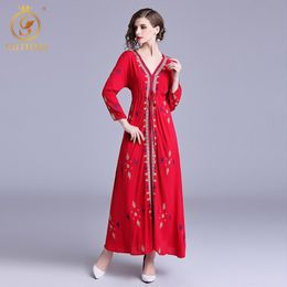 Sexy V-Neck Embroidered Long Sleeve Red Runway Dress Robe Women Winter Style Dresses Vestidos 210520