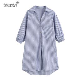 Women Chic Fashion Pockets Striped Loose Midi Shirt Dress Vintage Long Sleeve Asymmetric Female Dresses Vestidos 210520