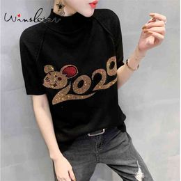 "Chinese Style Knitwear Mouse Year Diamonds Half Turtleneck Short Sleeve Loose Sweater Tops Pullover Casual " T01706Y 210421