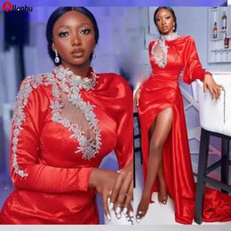 2022 Red Side Split Evening Dresses WIth Beads Appliques High Neck Long Sleeves Mermaid Prom Dress Formal Party Gown For Black Girls asdf