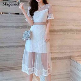 Summer Korean White Dress Women Mesh Stitching Short Sleeve Party High Waist Lace Sexy Long es Robe Femme 14569 210512