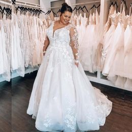 Size Plus Wedding Dresses Bridal Gowns V Neck Long Sleeve Lace Appliqued A Line Tulle Sweep Train Country Style Bride Dress