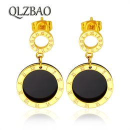 Stud QLZBAO Roman Numerals Black Disc Earrings Gold Colour Simple Temperament Stainless Steel For Woman Jewellery