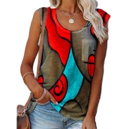 Casual Sleeveless Color Matching Tshirt Summer Women's Vest Tops Vintage O Neck Print Pocket Decor Loose Tank Plus Size 210522