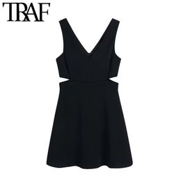 TRAF Women Chic Fashion Hollow Out Black Mini Dress Vintage Back Zipper Wide Straps Female Dresses Vestidos Mujer 210415