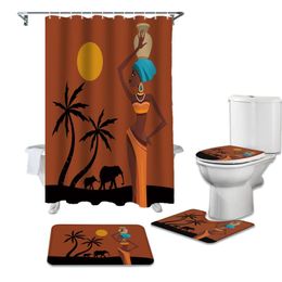 Afrikanische Frauen Sonnenuntergang Elefant Duschvorhang Sets Nicht-Schlupfteppiche Toilettendeckel und Badematte wasserdichte Badezimmervorhänge