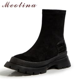 Real Leather Platform Mid Heel Ankle Boots Women Shoes Round Toe Chunky Heels Slip On Stretch Short Black Autumn 210517