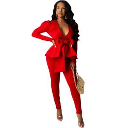 Two Piece Dress Office Lady Elegant Set Women V Neck Ruffle Peplum Tie Bow Blazers Top And Pants Suit Matching Sets 2 Outfits