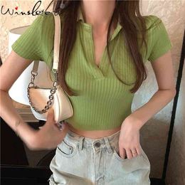 V Neck Stretchy Cropped Top Women Thin Knitted Pullovers Summer Knitwear Korean Simple Short Sleeve Slim Fit Sweaters T06705B 210421