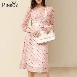 vintage party dress elegant polka dot v-neck sashes midi long sleeve work casual daily pink 210421