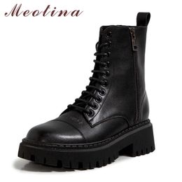 Meotina Real Leather Platform High Heel Short Boots Women Motorcycle Boots Shoes Thick Heels Zipper Lace Up Ankle Boots Black 210608