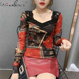 Fall Winter European Clothes Tshirt Sexy Fashion Print Dimonds Patchwork Lace Cotton Tops Ropa Mujer Tees New T00507A 210401