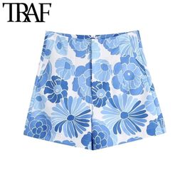 TRAF Women Chic Fashion Side Pockets Floral Print Bermuda Shorts Vintage High Waist Zipper Fly Female Short Pants Mujer 210724