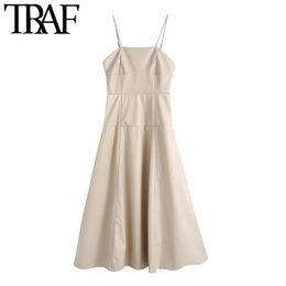 TRAF Women Chic Fashion Faux Leather Midi Dress Vintage Backless Thin Straps Female Dresses Vestidos Mujer 210415
