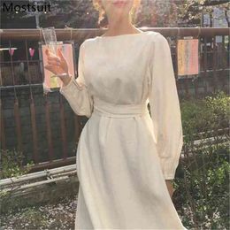 Korean Solid Belted Women Long Dress Spring Full Sleeve O-neck Pleated Lace-up Dresses Elegant Fashion Ladies Vestid 210513