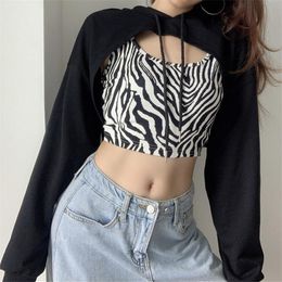 zebra print hoodies Australia - Women's Cutout Crop Top Hoodie, Casual Long Sleeve Zebra Print Drawstring Sweatshirt Two-piece Dance Suspender Vest Hoodies & Sweatshirts