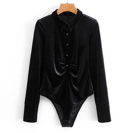 Women Autumn Velvet Vintage Bodysuit Jumpsuit Long Sleeve Pleated Black Female Casual Rompers Overalls for women 210513