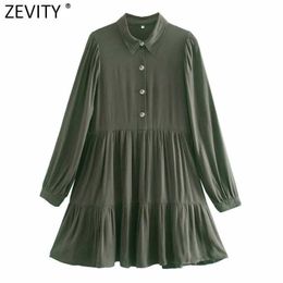 Zevity Spring Women Fashion Solid Color Pleats Casual Shirt Dress Office Lady Turn Down Collar Chic Business Vestido DS4871 210603