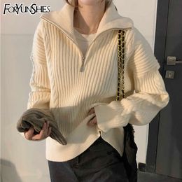 FORYUNSHES Spring Autumn White Long Sleeve Zipper Cable-Knit Sweater Korean Knitted Thick Pullover Sweet Beige Tops 210709