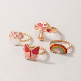 New 4pcs/sets Colourful Dripping Oil Rainbow Mushroom Ring Sets for Women Pretty Butterfly Party Jewellery