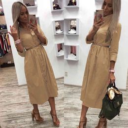 Women Casual Sashes Front Button Party Dress Three Quarter Sleeve Turn Down Collar Solid Dress Winter New Fashion Dress 210412