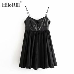 Black PU Leather Patchwork Mini Dress Women Spaghetti Strap Pleated Party es Sexy Sleeveless Backless Short 210508