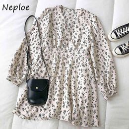 Neploe V Neck Long Sleeve Pullover Dress Women High Waist Hip A Line Vestidos Vintage Print Loose Robe Spring 210510