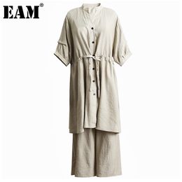 [EAM] Wide Leg Pants Big Size Two Piece Suit Stans Collar Half Sleeve Loose Fit Women Fashion Spring Summer 1DD7773 21512