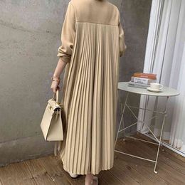 Long-sleeved Round Neck Stitching Design Back Pleated Plus Velvet Sweater Dress Korean Chic Trend Spring Ladies Robe 210510