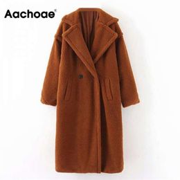Aachoae Winter Casual Solid Teddy Coat Women Long Sleeve Fleece Jacket Turn Down Collar Lamb Fur Outerwear Fourrure 210928