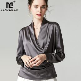 100% Pure Silk Women's Shirts Sexy V Neck Long Sleeves Criss Cross Elegant Fashion Blouse Shirt Top 210410