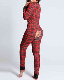 New Year Christmas Plaid Functional Buttoned Flap Printed Adults Pyjamas Suit One Piece Sleevewear Detachable Jumpsuits 210415