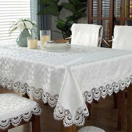 Tablecloth White Europe Luxury Embroidered Jacquard Satin Dining Cover Cloth Flower Lace Tv Cabinet Dust 211103