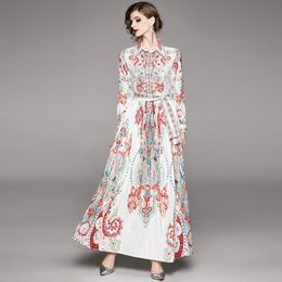 Runway Maxi Dress Spring Autumn Women's Single-Breasted Long Sleeve Turn Down Collar High Waist Vintage Printed Long Dress 210514