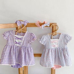 Baby Summer Clothing Infants Baby Girls Bodysuits Cotton Plaid Puff Sleeve Jumpsuit Princess Party Clothes Tops Playsuits 210413