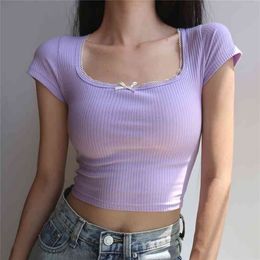 Women Square Neck Short Sleeve Rib T-shirt Crop Top 210330