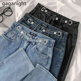 Gaganight Korean Ins Fashion Women Loose High Waist Straight Pants Spring Autumn Slim Full Length Pockets Students Jeans 210519