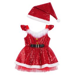 Girl's Dresses Baby Girls Christmas Princess Dress With Hat Set Red Sequins Faux Fur Adorned Tutu Toddler Kids Girl Xmas Clothing