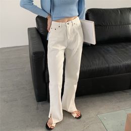 SML летний корейский стиль свободных женщин длинные белые джинсовые брюки с высокой талией боковых джинсов для женщин (N0077) 210423