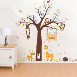 Forest zoo Animals Rabbit Giraffe Monkey Tree Wall Stickers For Kids Rooms Bedroom Children Room Decor Wall Decal Mural Poster 210420
