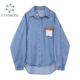 Denim Shirt Women Autumn Spring Single Breasted Pockets Long Sleeve Oversize Street Fashion Cotton Blouse Female Blusas Top 210417