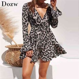 Summer Chiffon Dress Women Leopard Print Boho Beach Dresses Casual Ruffle Long Sleeve A-line Mini Party Dress Vestidos 210715