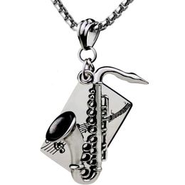 -Instrumento musical Saxofón colgante collar de acero inoxidable Hip Hop Titanium Pearl Cadena de joyería collares
