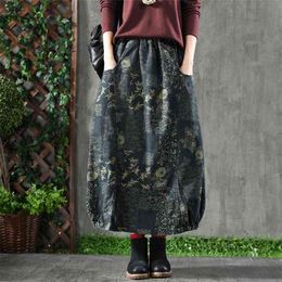 Arrival Spring Women Skirt Plus Size High Waist Denim Vintage Print Maxi Femme 100% Cotton Loose Long 210512