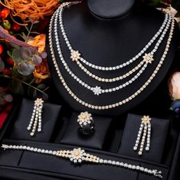 Earrings & Necklace Blachette Dubai India Custom Gorgeous Cubic Zircon Flower Bracelet Ring Jewellery Set Women's Wedding Banquet