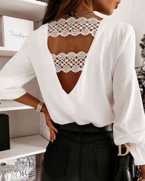 Spring Women Sexy Chic Guipure Lace Backless Plain Cutout Blouse V-Neck Work Top Outfits Fashion Elegant Female Clothes 210415