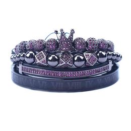 Luxury 4Pcs/Set Men's Gold Crown Bracelet Roman Numerals Engraved Bangle CZ Crown Braided Macrame Bracelet